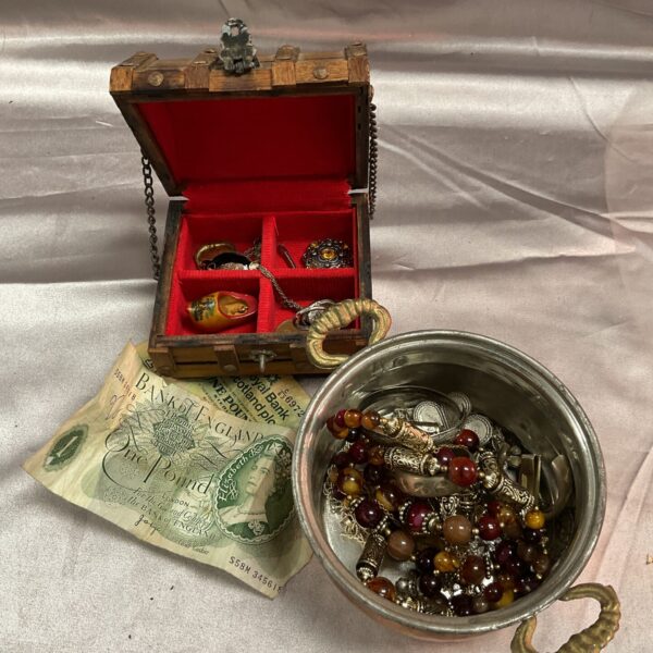 Vintage jewellery lot with wooden chest and copper bowl.