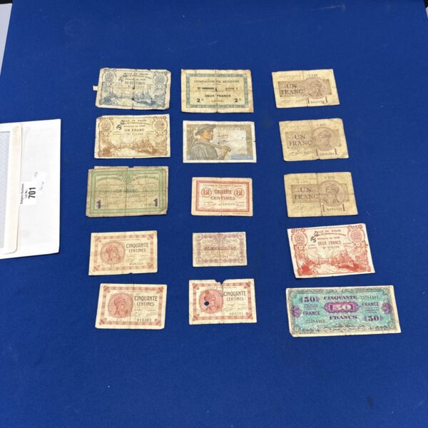 Vintage French bank notes lot, collectible paper currency.