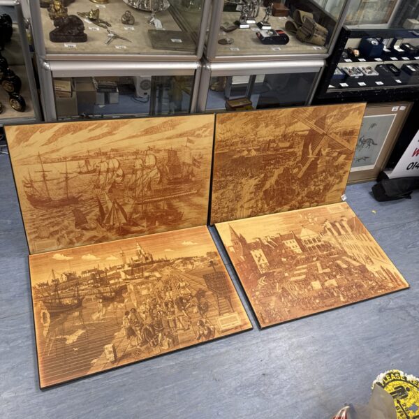 Large antique medieval harbour print depicting ships and a town.