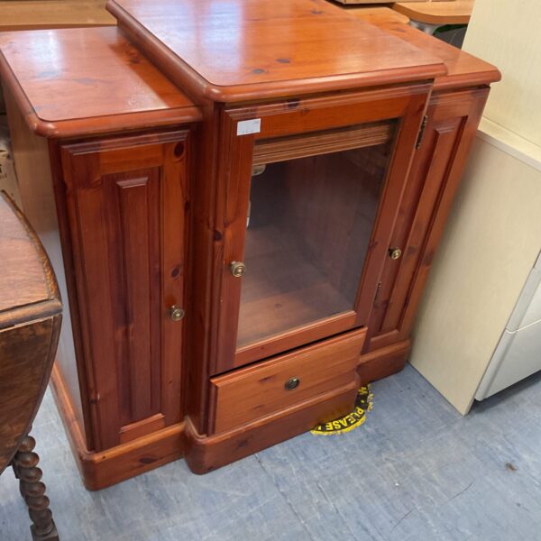 Vintage pine hi-fi cabinet with glass door, retro stereo furniture.