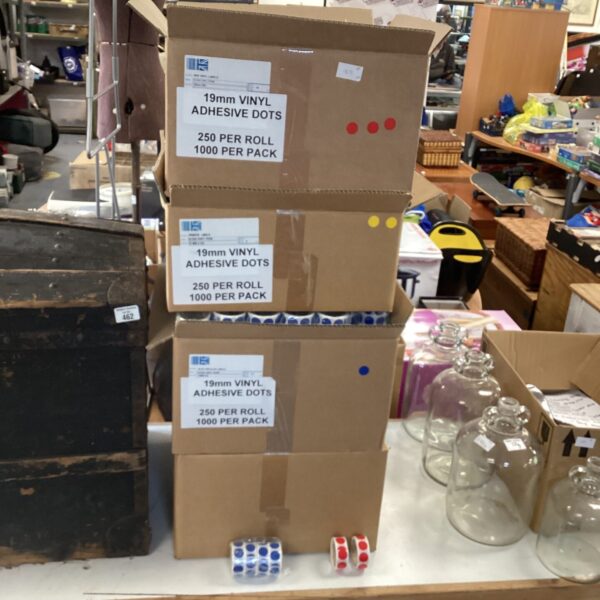 Four boxes of colour dot labels for inventory and packaging.