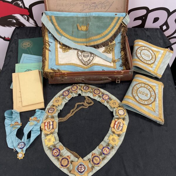Vintage Royal Antediluvian Order of Buffaloes regalia set with collar, sash, and apron.