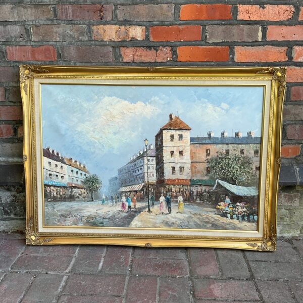 Large antique Victorian street scene oil painting with gilt frame.
