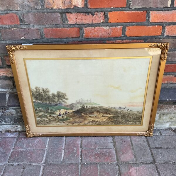 Antique watercolour painting of a castle with a gilt frame.