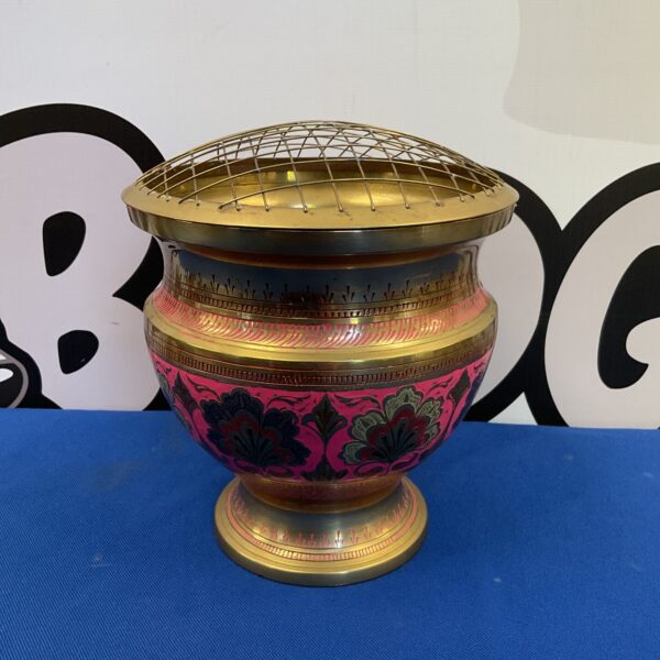 Colourful Indian brass rose bowl with flower frog holder.