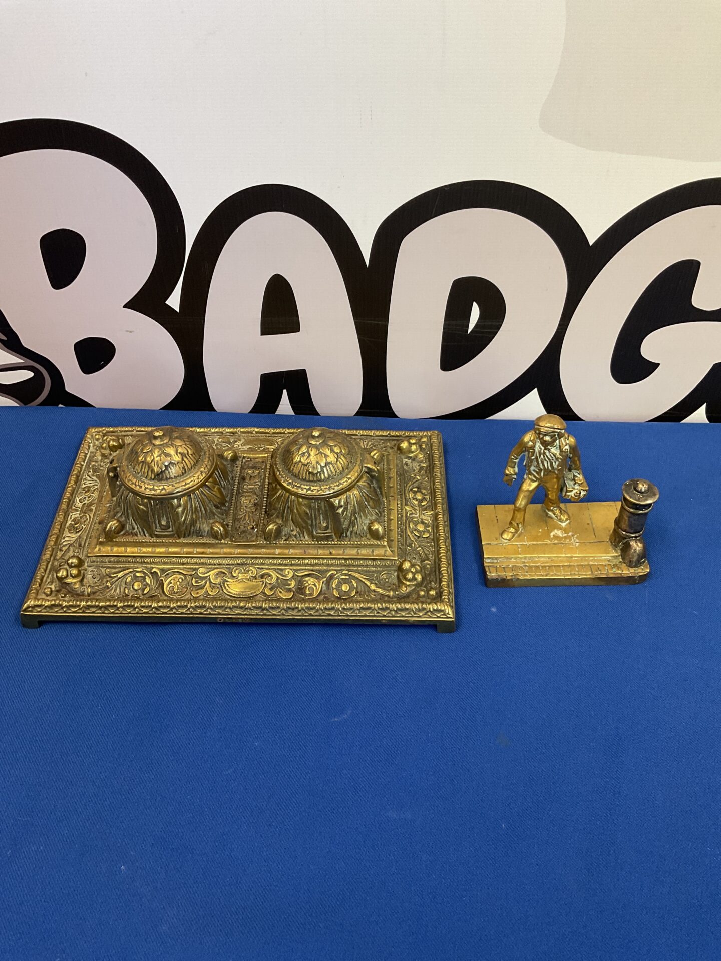 012 brass art nouveau inkwell and brass milkman figure