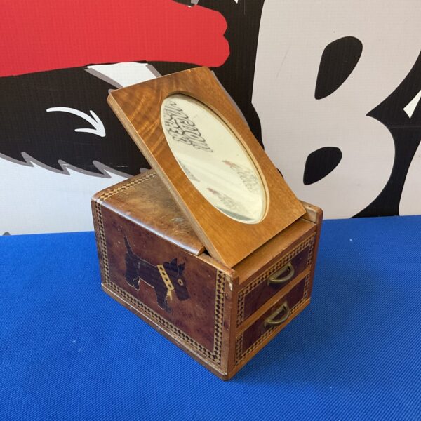 Vintage burwood jewellery box with Scottie dog design.