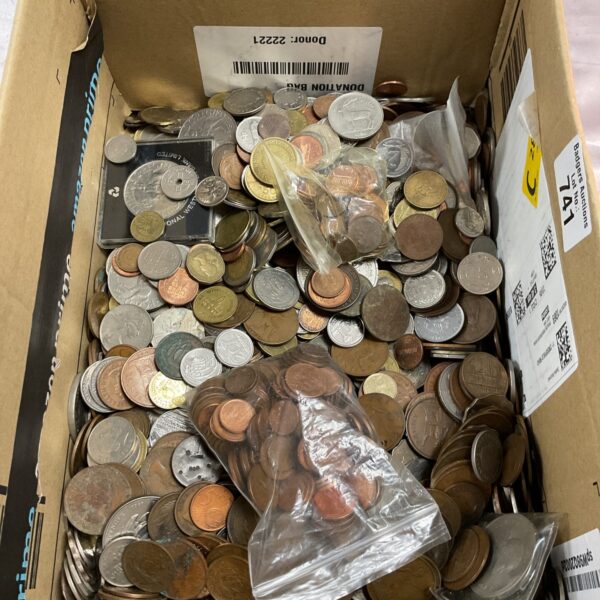Bulk mixed coin lot with various currencies and denominations.