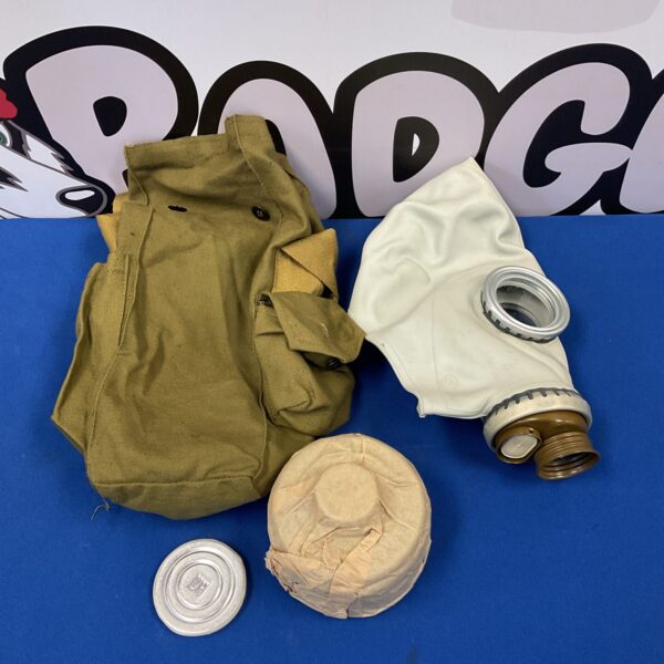 Vintage Russian PMK gas mask with filter and canvas bag.