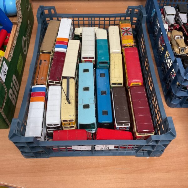 Tray of vintage diecast buses and model vehicles.