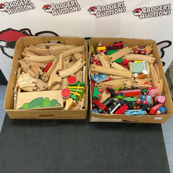 Large lot of colourful Brio wooden train sets and accessories.