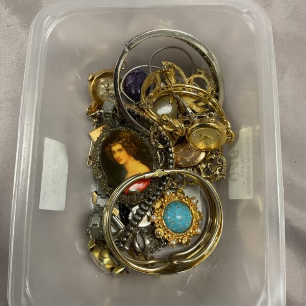 Vintage costume jewellery tray with brooches and earrings.