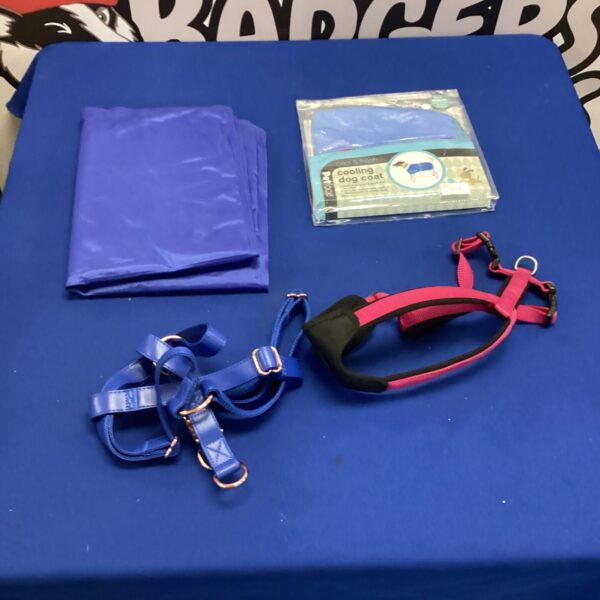 Dog cooling bundle with harnesses, pad, and coat for summer comfort.