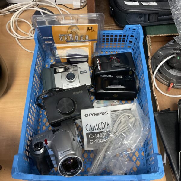 Vintage camera lot including Olympus, Hanimex and Kodak cameras.