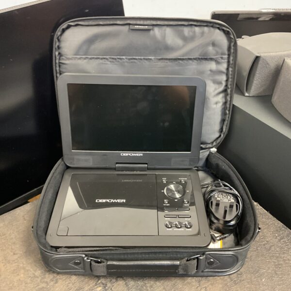 Dbpower portable DVD player in a black carrying case, ideal for travel.