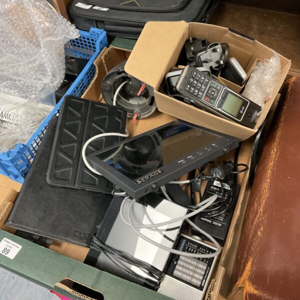 Tray of mixed electrical items including tablets, phones and radio.