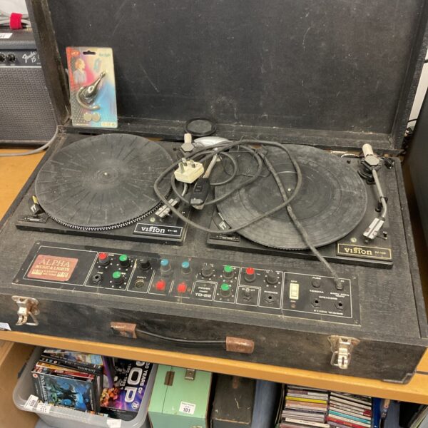 Pair of vintage Electra Vision EV-12D DJ turntables for vinyl playback.