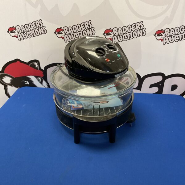 Aldi halogen air fryer, clear glass bowl, kitchen appliance.