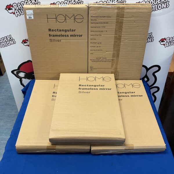 Lot of five new Home rectangular frameless silver mirrors in packaging.