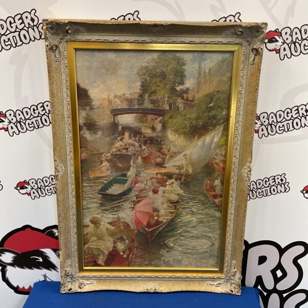 Framed vintage print of Bolters Lock river scene with boats.