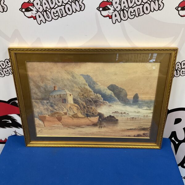 19th-century watercolour painting of fisherman's cove signed Nash 1883.