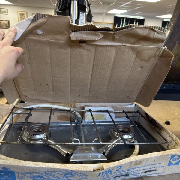 Vintage Camping Gaz MK2 twin burner gas cooker for outdoor use.