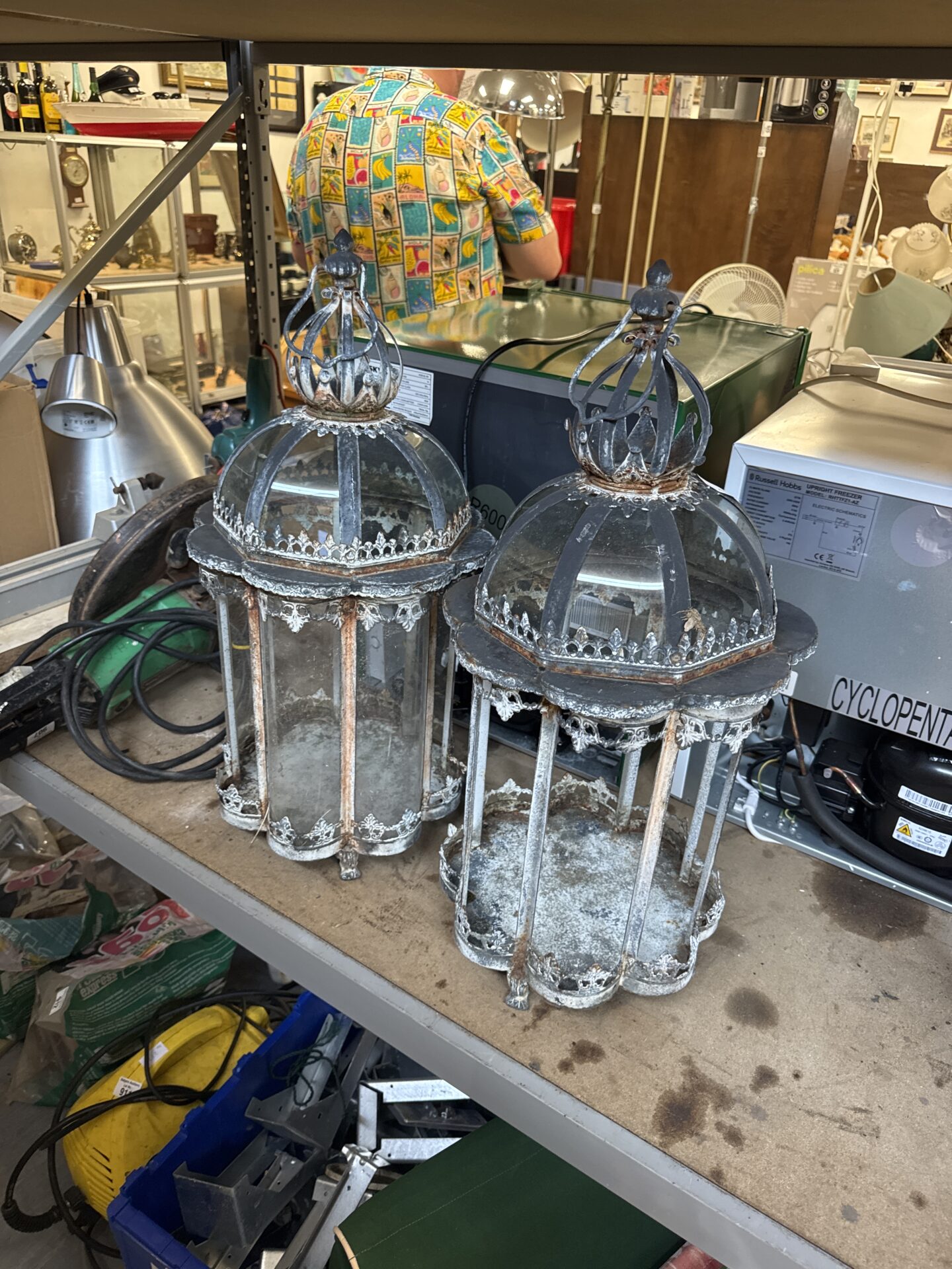 841 Two vintage wrought iron lanterns for restoration – missing glass etc