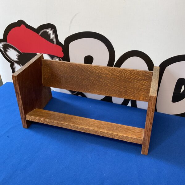 Vintage oak desktop bookshelf, small wooden storage unit.