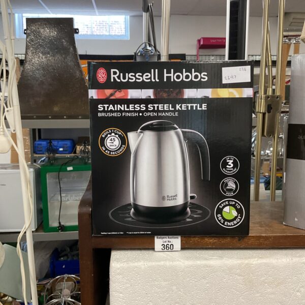 Russell Hobbs stainless steel kettle in original box.