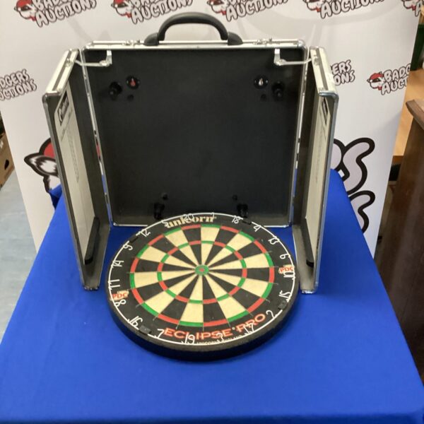 Unicorn dartboard set with back box for storage and transport.