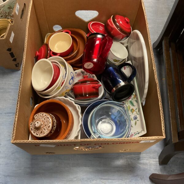Mixed china and pottery lot with terracotta pots and Royal Grafton pieces.