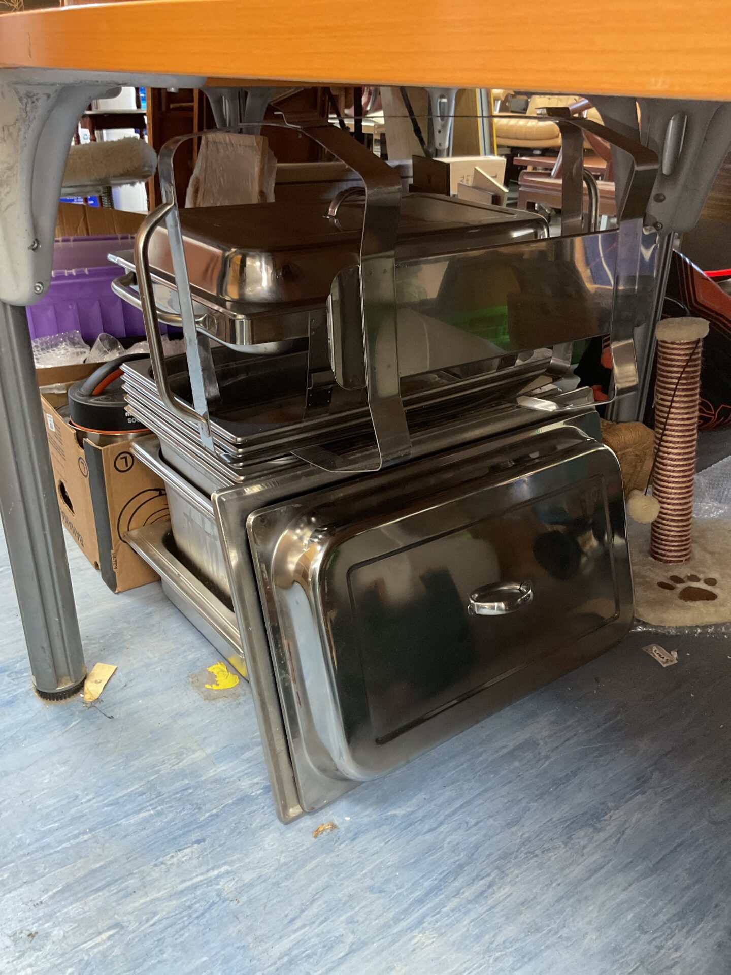 403 Quantity of stainless steel hot food trays and holders