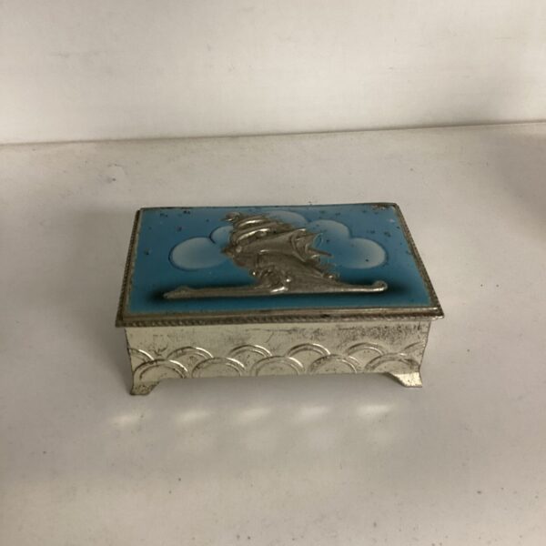Vintage silver-plate pirate ship trinket box with enamel detailing.