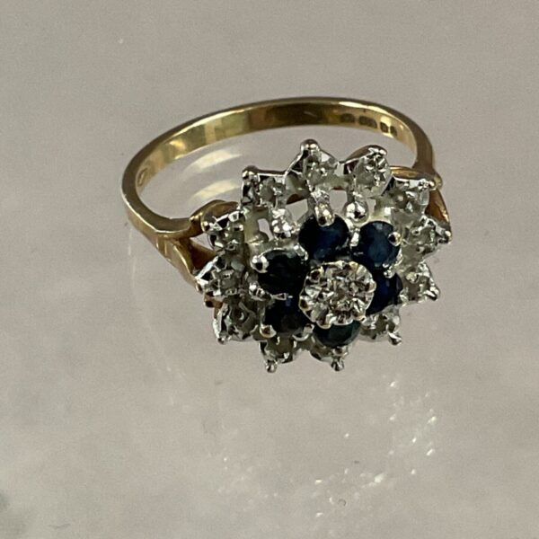 Close-up of a 9ct gold sapphire and diamond cluster ring.