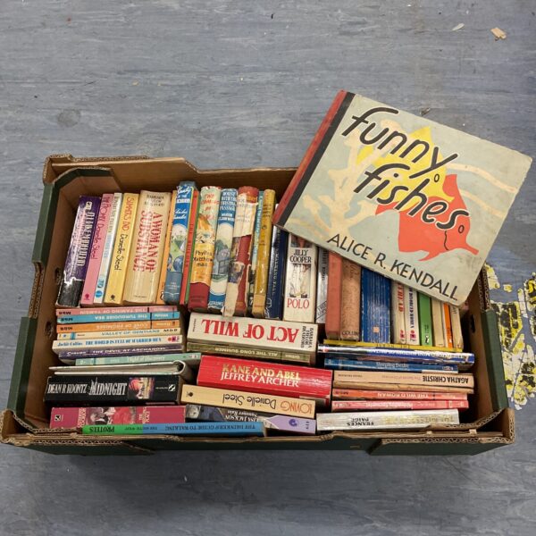 Tray of vintage books including Alice R Kendall's "Funny Fishes".