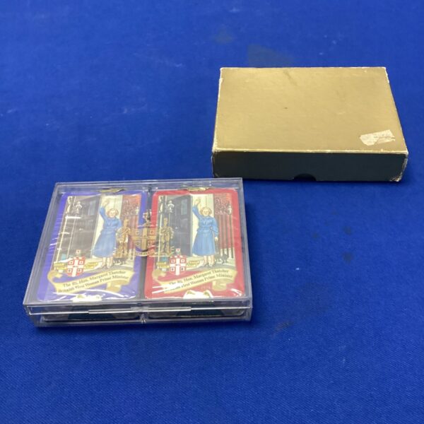 Vintage Margaret Thatcher playing cards set, political collectible.
