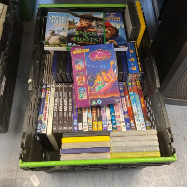 Crate of mixed DVDs including Disney and children’s films.