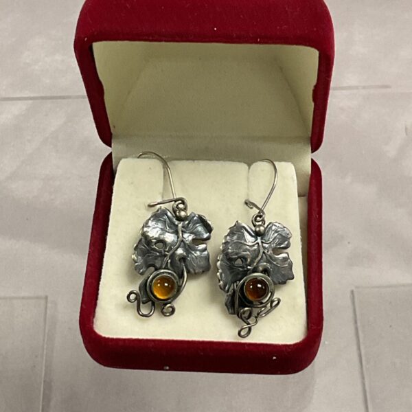 Silver Art Nouveau earrings with amber cabochons, vintage jewellery.