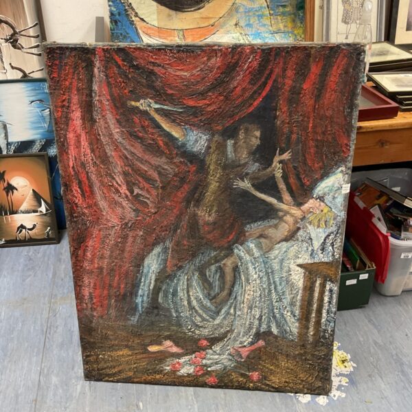 Mid century oil painting of a classical tryst scene with signature.