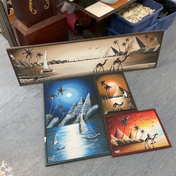Four original Egyptian pyramid paintings on board.