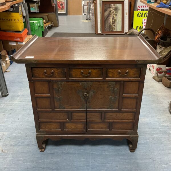 Vintage Korean morijang cabinet made of elm with brass detailing.