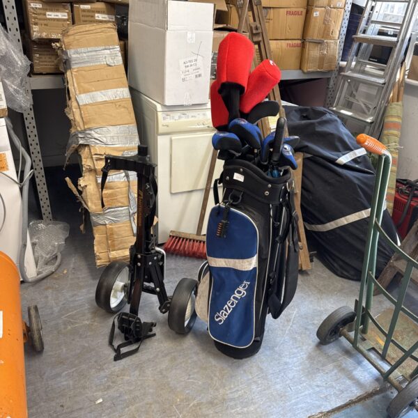 Vintage Slazenger golf club set with Mitsushiba folding trolley.