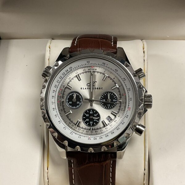 Klaus Kobec gents wristwatch with chronograph dial and leather strap.