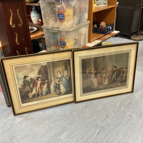 Antique 18th-century mesotints depicting family scenes going to school.