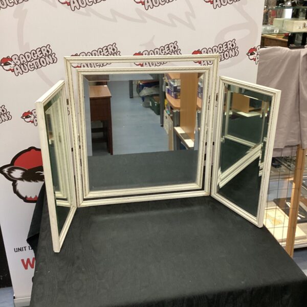 Vintage cream-painted folding dressing table mirrors for vanity use.
