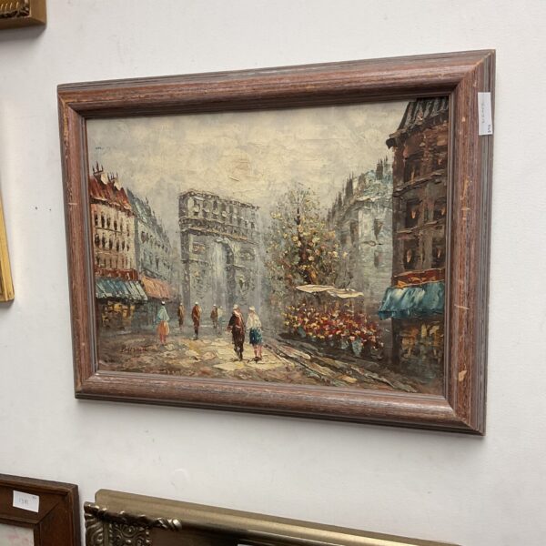 Vintage French street scene painting signed Burnett featuring Arc de Triomphe.
