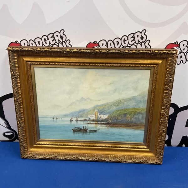 Signed T Wilson watercolour painting of a mountain lake and castle.
