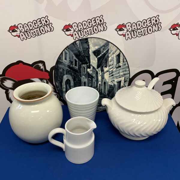 White porcelain Japanese soup tureen with accompanying vase and plate.