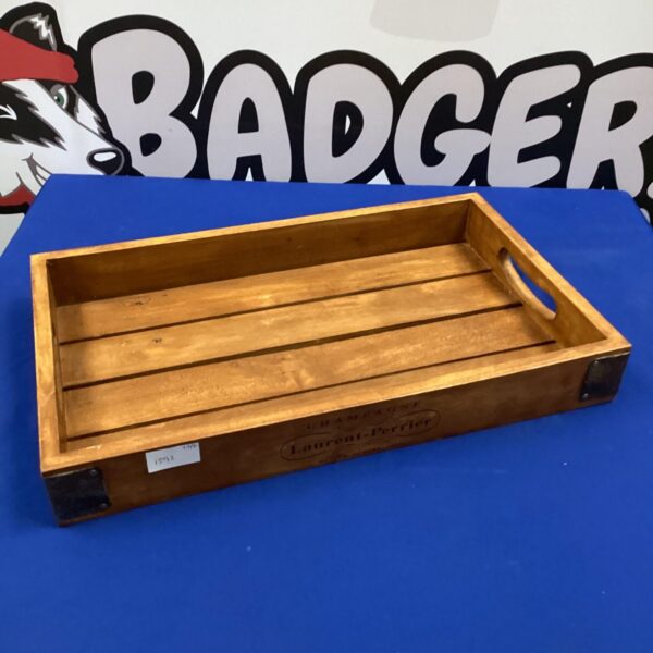 Vintage Laurent-Perrier champagne tray, wooden serving tray for drinks.