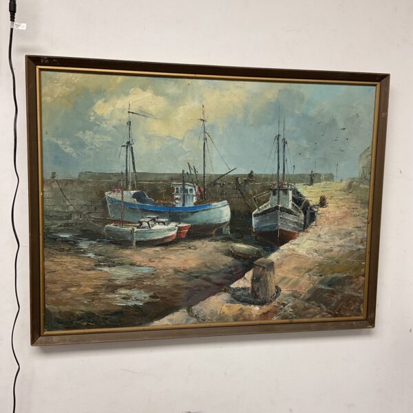 N S Pritchard painting of boats in Porthleven harbour, Cornish coastal art.
